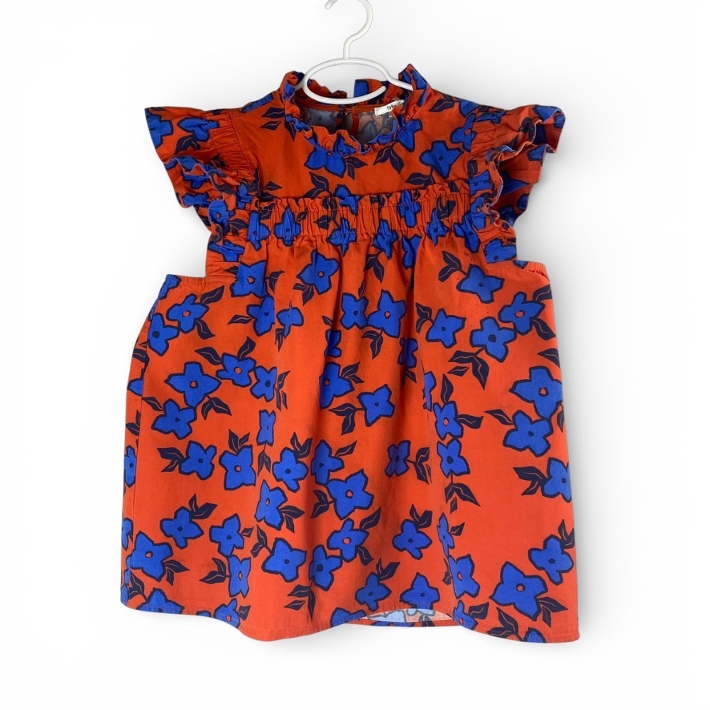 Tyler Boe Womens Eloise Linen-Blend Top Floral Flutter Sleeve Orange and Blue S - Picture 2 of 7